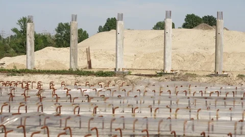 The construction site of the traffic intersection. Reinforced concrete beams for Stock-Footage 89423684