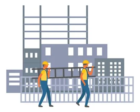 Construction site, two builders walking, carrying ladder near fence, workers in Stock Illustration