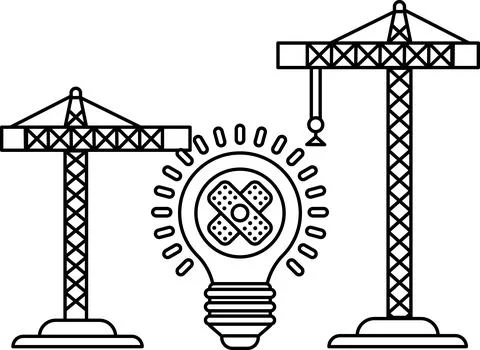 A construction site with two cranes and a light bulb Stock Illustration