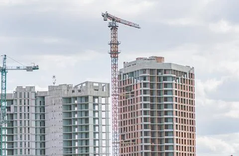 Construction Site with Two High-Rise Buildings and Crane Stock Photos