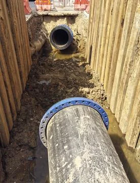 Construction site: two pipes inside a trench. The scene highlights the infr.. Stock Photos