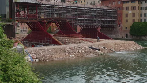Construction site view of renovation of the Old Bridge Stock Footage 130493285
