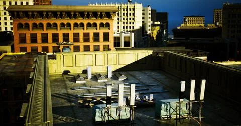Construction site view on rooftop with city skyline during twilight hour Stock Illustration