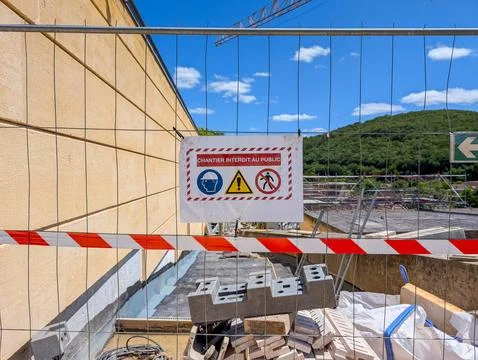 Construction Site Warning Sign Blocking Public Entry Dordogne France Stock Photos