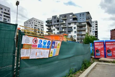 Construction site with warning signs Stock Photos