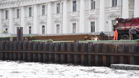 Construction site with water pumps in Saint Petersburg Stock Footage 246761182