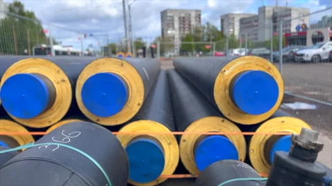 Construction Site Water Tubes Ready for Installation on Street Vídeo Stock 308858659