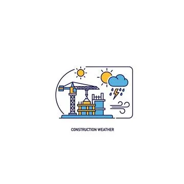 Construction site weather icon set with crane building and climate elements Stock Illustration