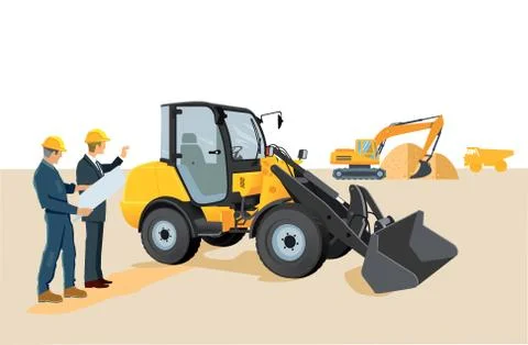 Construction site with wheel loaders and excavators Stock Illustration