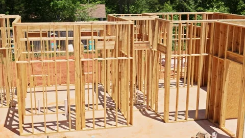 Construction site wood framing stage, tools during building process on Stock Footage 337887406