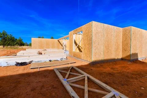 Construction site with wooden frames during beams framework Stock Photos