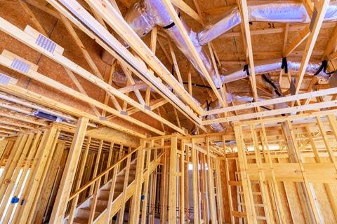 Construction site wooden framework ductwork before finishing Stock Photos