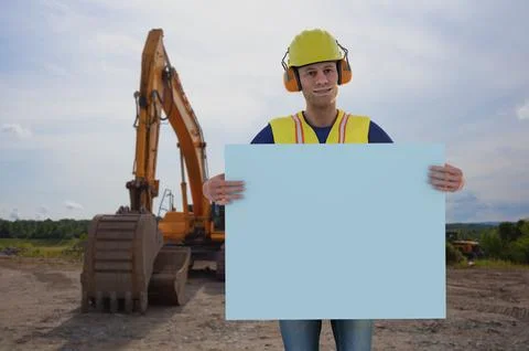 Construction site worker holding white board showing advertisement excavato.. Stock Illustration