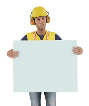 Construction site worker holding white board showing advertisement hard hat.. Stock-Illustration
