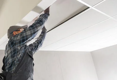 Construction Site Worker Installing Suspended Ceiling Photos
