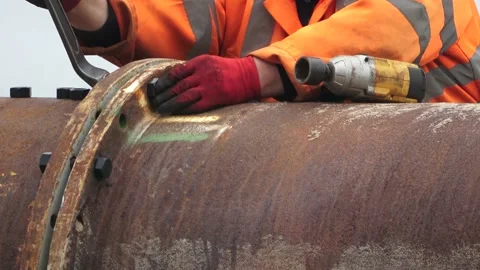 Construction Site Worker Tightening Bolts On Heavy Duty Pipeline Stock Footage 149773558