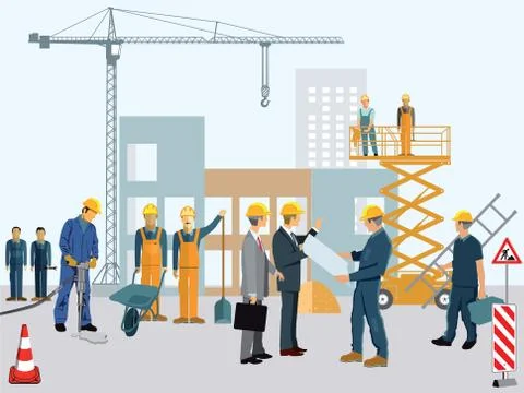 Construction site with workers and architect Stock Illustration