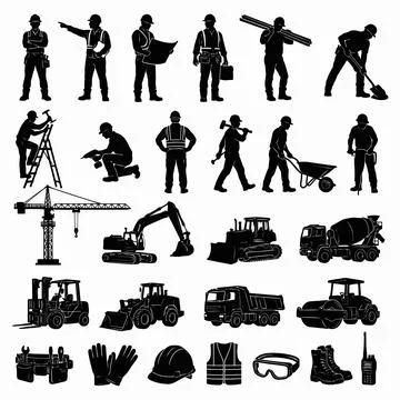 Construction Site Workers and Heavy Machinery Vector Silhouette Collection Stock Illustration