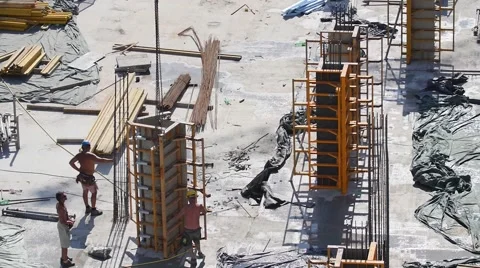 Construction site workers   building new apartments. silhouette crane working Video stock 57372514