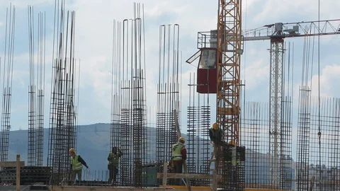 Construction site. Workers on the construction site of a residential building Stock Footage 128321708