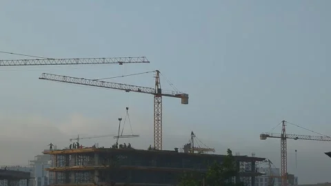 Construction Site Workers Crane Building Skyscraper Rooftop Stock Footage 332678005