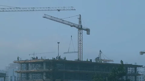 Construction Site Workers Crane Building Skyscraper Rooftop Stock Footage 332678008
