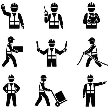 Construction Site Workers Performing Various Tasks Icons Isolated on White .. Ilustração Stock
