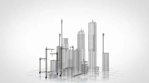 Construction Site with Working Cranes and Rising Buildings Blueprint on White Stock Footage 306157627