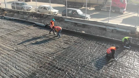 Construction sites and workers under construction, mixers and excavators, steel Stock Footage 142892211