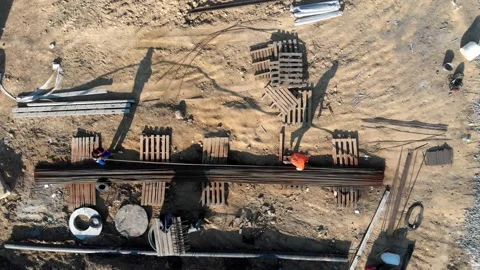 Construction sites and workers under construction, mixers and excavators, steel Video stock 142898760