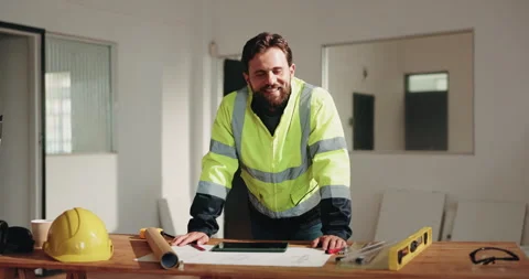 Construction, smile and engineer on site with face, contractor and about us in Stock Footage 341565664