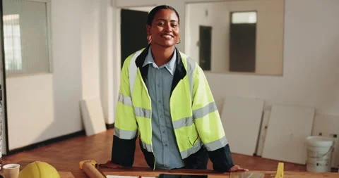 Construction, smile and engineer on site with face, contractor and about us in Stock Footage 341584495