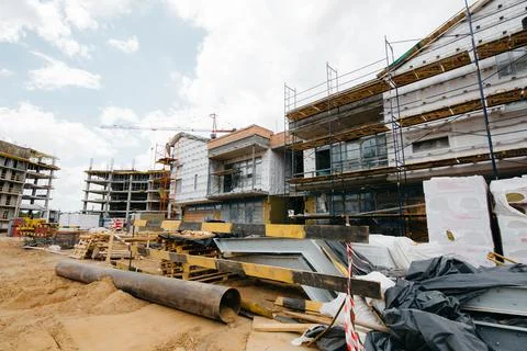 Construction of a social facility of a school or kindergarten in a modern sty Stock Photos