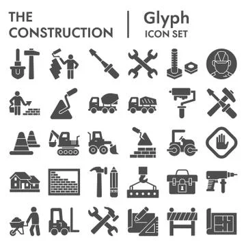 Construction solid icon set. Building industry signs collection, sketches, logo Ilustración de archivo
