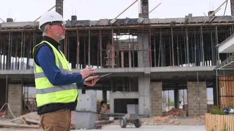 Construction specialist using tablet computer comes on building site. Stock Footage 274362997
