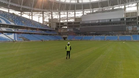 Construction of the stadium aerial view. Preparing for the soccer championship Video stock 86322908