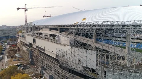 Construction of the stadium aerial view. Preparing for the soccer championship Stock Footage 86323134