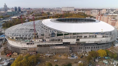 Construction of the stadium aerial view. Preparing for the soccer championship Stock Footage 86323296