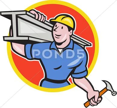 Construction steel worker carry i-beam circle cartoon Stock Illustration