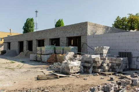 Construction of storage facilities. Pallet blocks A Stock Photos