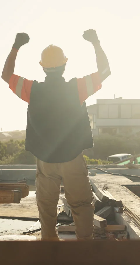 Construction, success or man on site with arms up, project finish or celebration Stock Footage 336785445