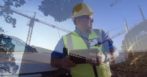 Construction supervisor checking tablet, inspecting site progress with Stock Footage 330563678