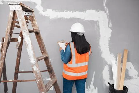 A construction supervisor checks renovation project with checklist on clipboard Stock Photos