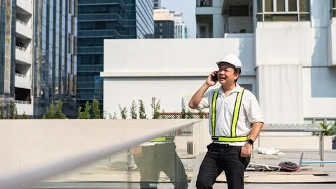 Construction supervisor talking on smartphone while coordinating workers an.. Foto stock