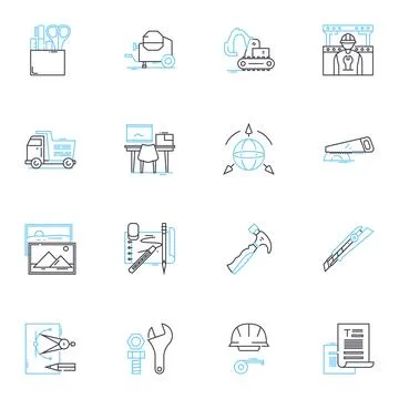 Construction supplies linear icons set. Lumber, Cement, Bricks, Steel, Sand Stock Illustration