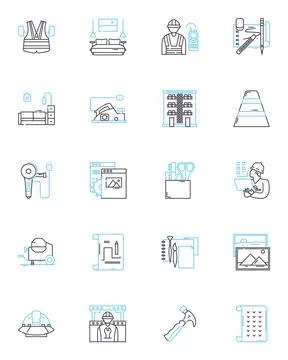 Construction supplies linear icons set. Lumber, Cement, Bricks, Steel, Sand Stock Illustration