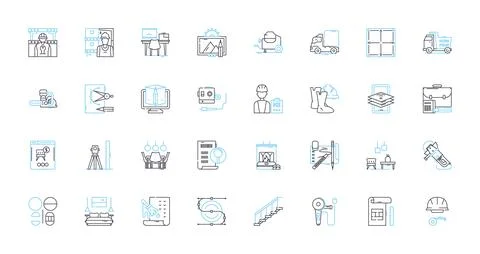 Construction supplies linear icons set. Lumber, Cement, Bricks, Steel, Sand Stock Illustration