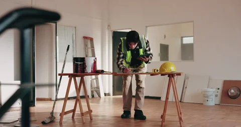 Construction, tablet and blueprint with writing, inspection or renovation Stock Footage 341597166
