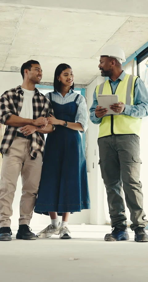 Construction, tablet and engineer with couple in building, talking and planning Stock Footage 345579533
