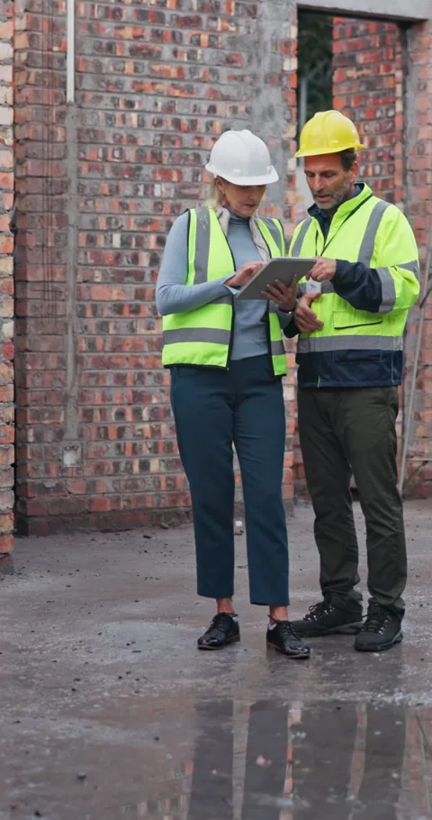 Construction, tablet and people with inspection, weather forecast and feedback Stock Footage 340960235